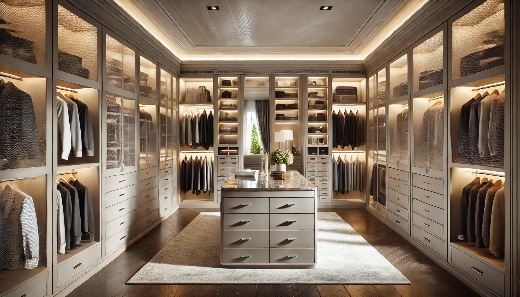 "Luxurious walk-in wardrobe interior by La’Italiya, featuring custom cabinetry, ambient lighting, a central island with marble countertop, and an elegant, Vaasthu-aligned layout for organized and serene living." "Luxurious walk-in wardrobe interior by La’Italiya, featuring custom cabinetry, ambient lighting, a central island with marble countertop, and an elegant, Vaasthu-aligned layout for organized and serene living."