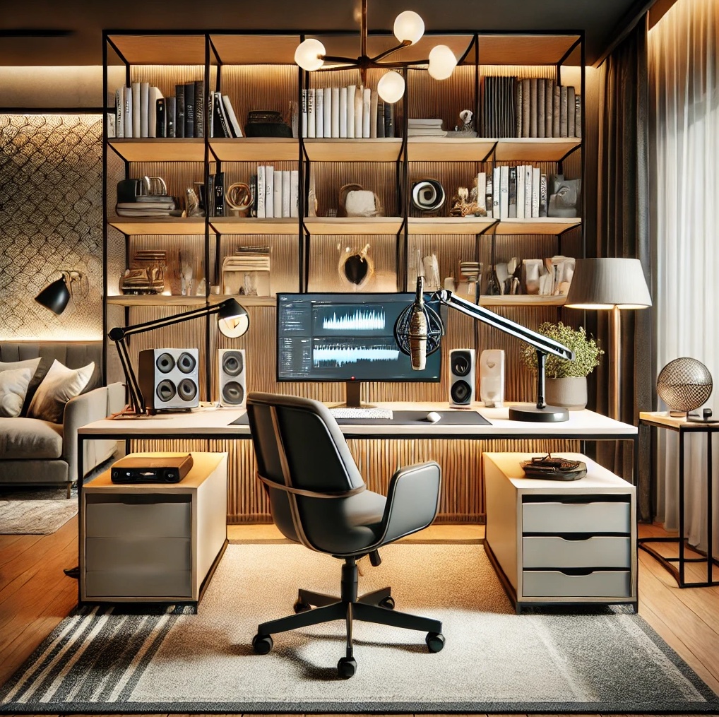 "Stylish home office setup with a teal and gold color scheme, featuring a desk with dual monitors displaying audio editing software, professional microphone arms, a sleek ergonomic chair, and decorative shelves with books and plants. Cozy seating area and tall green plants add warmth and balance to the space." "Stylish home office setup with a teal and gold color scheme, featuring a desk with dual monitors displaying audio editing software, professional microphone arms, a sleek ergonomic chair, and decorative shelves with books and plants. Cozy seating area and tall green plants add warmth and balance to the space."