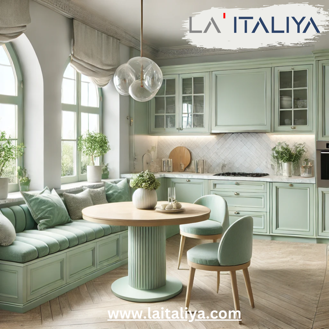 "Charming pastel green modular kitchen by La’Italiya featuring built-in seating, elegant cabinetry, a round wooden dining table, and soft natural light from arched windows, designed with Vaasthu principles for a serene and functional space." "Charming pastel green modular kitchen by La’Italiya featuring built-in seating, elegant cabinetry, a round wooden dining table, and soft natural light from arched windows, designed with Vaasthu principles for a serene and functional space."
