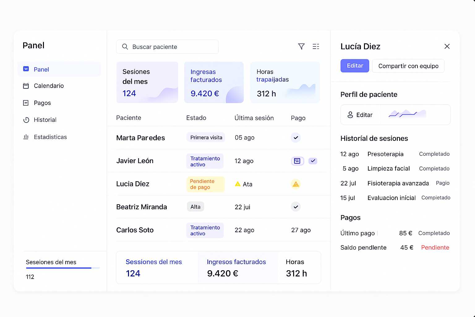 Panel de gestión clínica y CRM