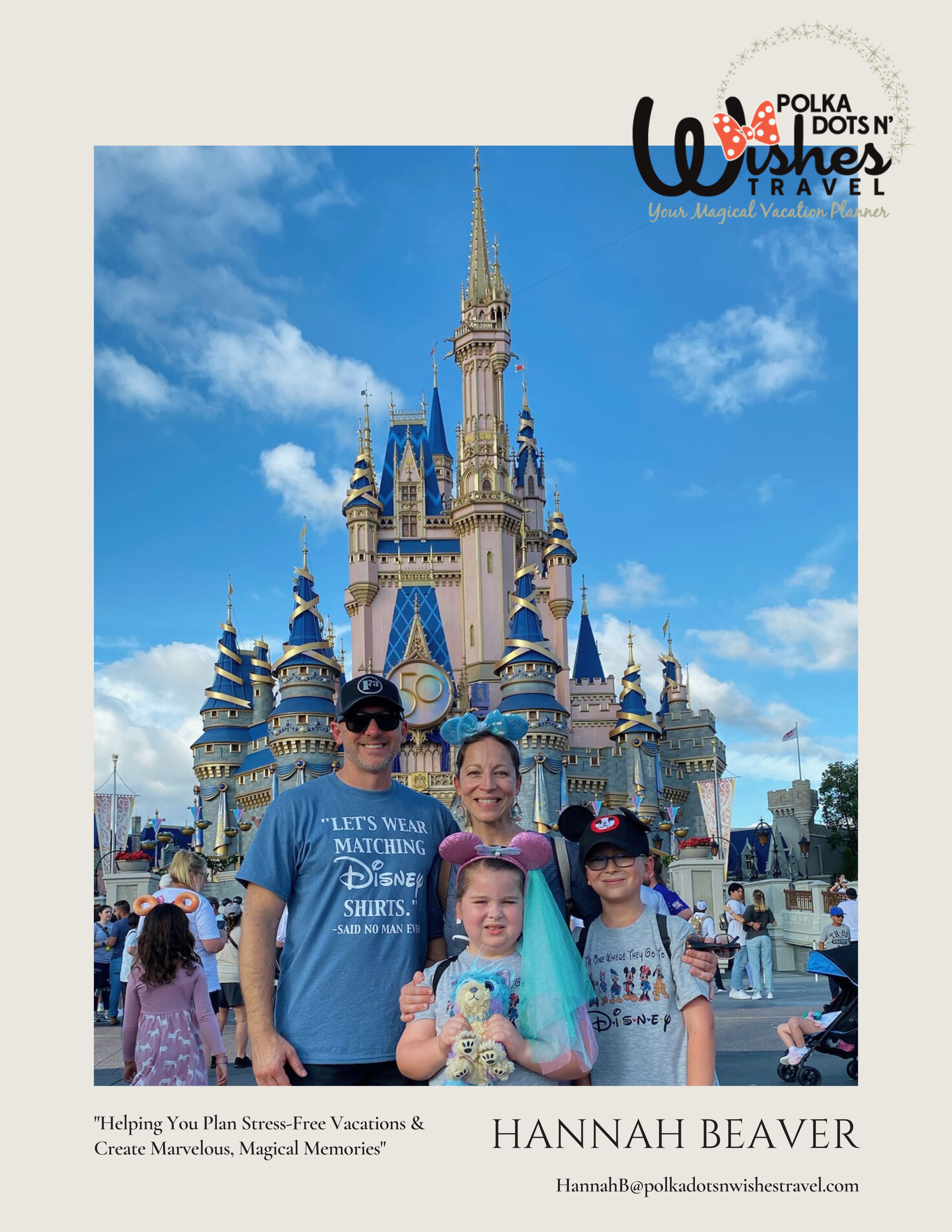 A beautiful family standing in front of the Disney castle on a sunny day.