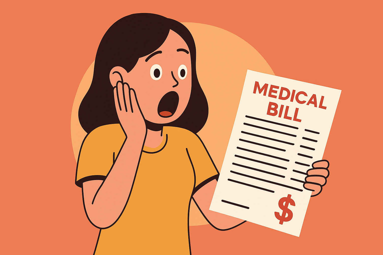 young woman holding a medical bill with a bold red dollar sign, her eyes wide and hand at her cheek in shock young woman holding a medical bill with a bold red dollar sign, her eyes wide and hand at her cheek in shock