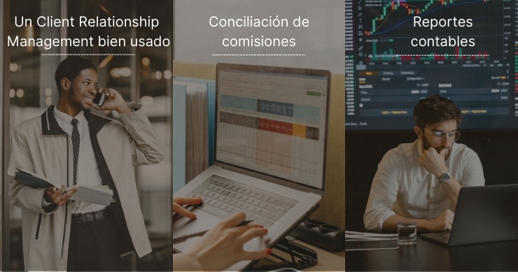 Imágenes de manejo base de datos de clientes, reportes financieros y conciliación de comisiones