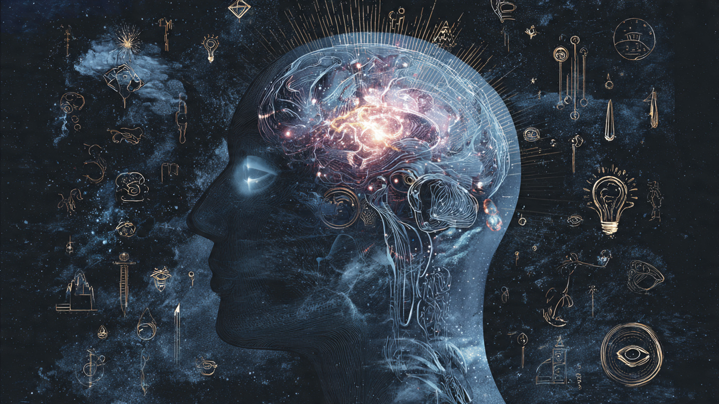 A human head/face transparent, revealing a glowing brain with 34+ lit-up neural pathways. Floating around it: icons representing the 34 senses (e.g., an eye for sight, ear for hearing, thermometer for thermoception, lightbulb for claircognizance). Background: cosmic nebula. Style: scientific illustration meets mystical A human head/face transparent, revealing a glowing brain with 34+ lit-up neural pathways. Floating around it: icons representing the 34 senses (e.g., an eye for sight, ear for hearing, thermometer for thermoception, lightbulb for claircognizance). Background: cosmic nebula. Style: scientific illustration meets mystical