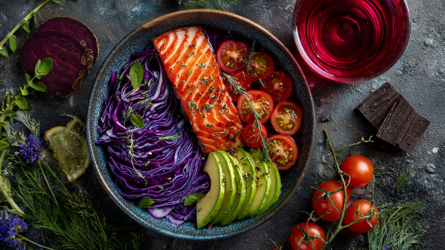 Overhead flat-lay of a colorful dinner bowl: wild salmon, purple cabbage, tomatoes, avocado, drizzled with olive oil, surrounded by a square of dark chocolate and a glass of hibiscus tea—vibrant colors, appetizing, professional food styling, Overhead flat-lay of a colorful dinner bowl: wild salmon, purple cabbage, tomatoes, avocado, drizzled with olive oil, surrounded by a square of dark chocolate and a glass of hibiscus tea—vibrant colors, appetizing, professional food styling,