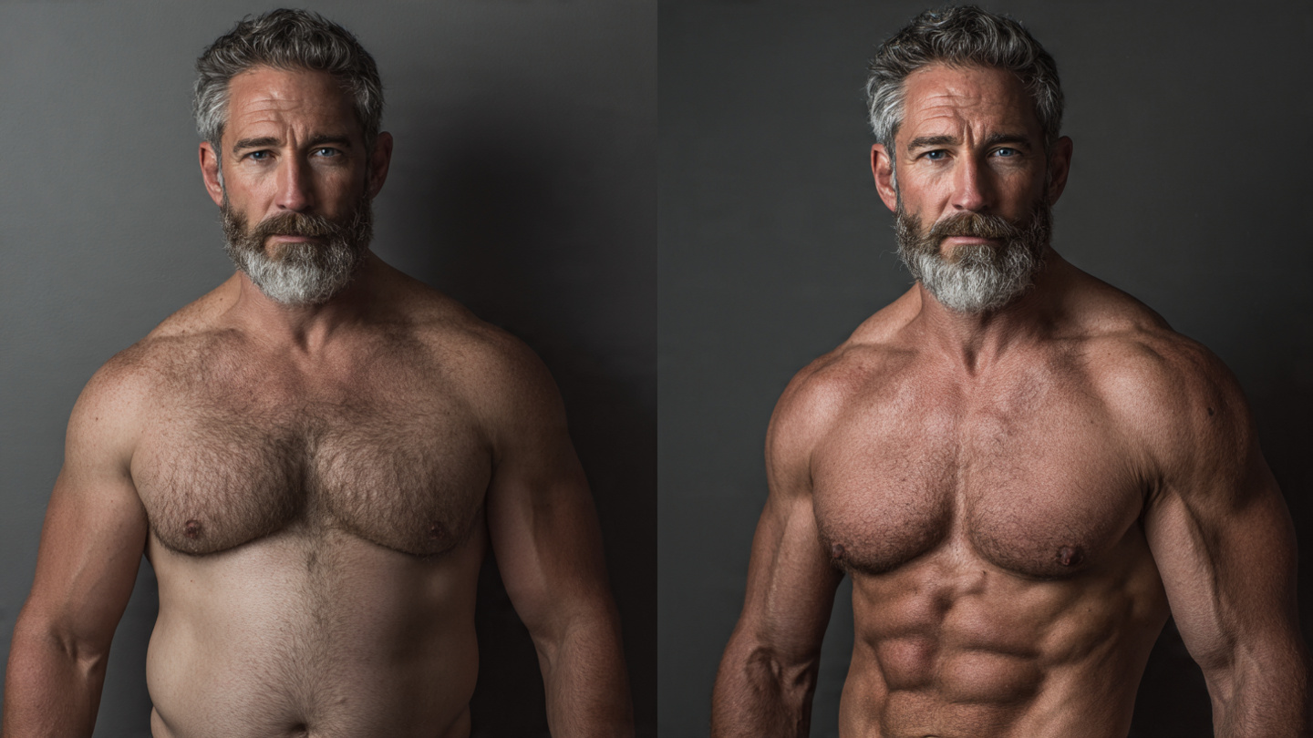 Powerful 90-day transformation: same 48-year-old man before-and-after split, left side soft with large belly, right side lean and shredded with visible abs, confident posture, glowing skin, standing in same location, dramatic lighting, hyper-realistic