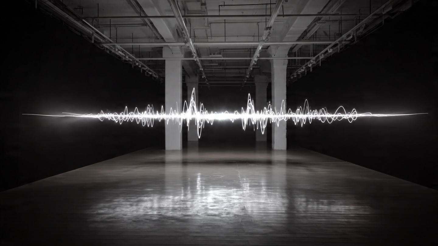 Bright white jagged sound wave crossing the screen of an underground parking lot whites and Grays Bright white jagged sound wave crossing the screen of an underground parking lot whites and Grays