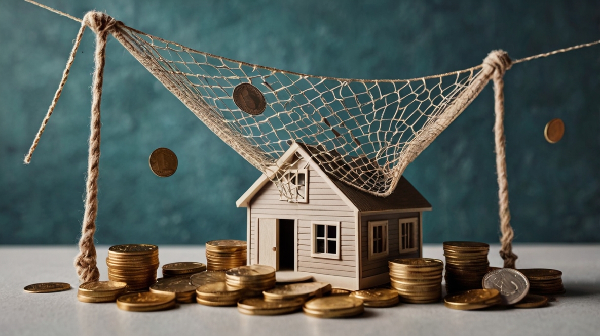An artistic depiction of a safety net with coins and dollar bills landing in it, symbolizing an emergency fund. The background includes subtle icons of stability, such as a house and a family. An artistic depiction of a safety net with coins and dollar bills landing in it, symbolizing an emergency fund. The background includes subtle icons of stability, such as a house and a family.