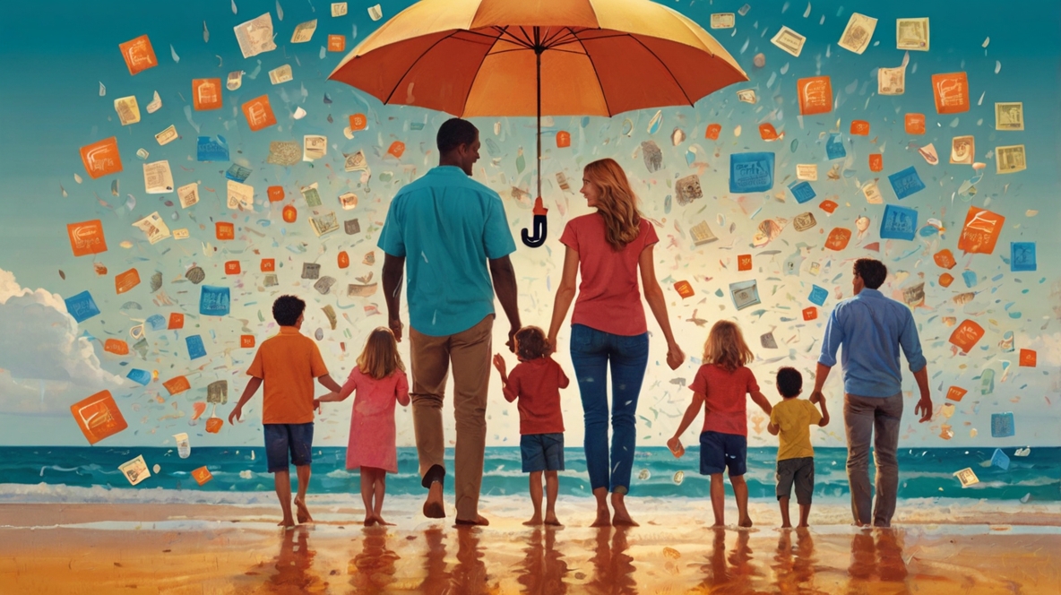 A warm illustration of a family standing under a large umbrella labeled 'Life Insurance,' shielding them from falling icons of debt, bills, and financial risks. Bright, reassuring colors with a hopeful atmosphere. A warm illustration of a family standing under a large umbrella labeled 'Life Insurance,' shielding them from falling icons of debt, bills, and financial risks. Bright, reassuring colors with a hopeful atmosphere.