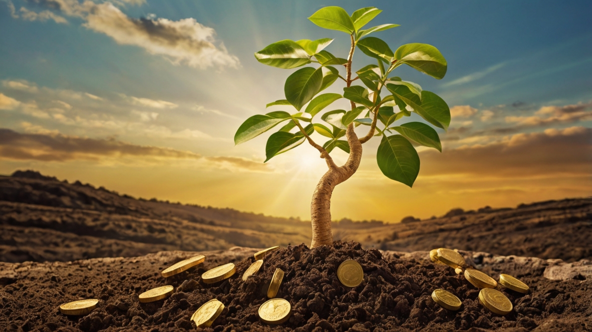 A visually striking image of a money tree growing from soil labeled 'Investments,' with golden coins hanging like fruits. The background features a sunny sky and a path leading to a bright horizon, symbolizing financial independence. A visually striking image of a money tree growing from soil labeled 'Investments,' with golden coins hanging like fruits. The background features a sunny sky and a path leading to a bright horizon, symbolizing financial independence.
