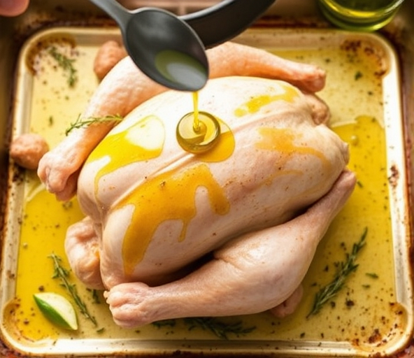 Drizzle 2 tablespoons of olive oil over the top of the chicken for an extra golden finish Drizzle 2 tablespoons of olive oil over the top of the chicken for an extra golden finish