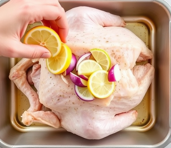 Place the lemon halves and onion quarters into the cavity of the chicken. This will infuse the chicken with aromatic flavors while roasting Place the lemon halves and onion quarters into the cavity of the chicken. This will infuse the chicken with aromatic flavors while roasting