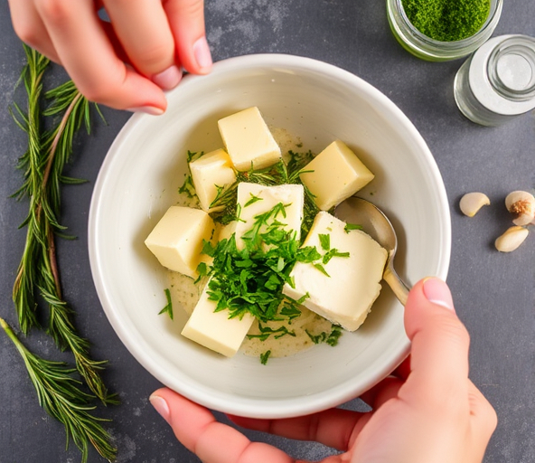 In a small bowl, add the softened butter, minced garlic, chopped rosemary, thyme, and parsley In a small bowl, add the softened butter, minced garlic, chopped rosemary, thyme, and parsley