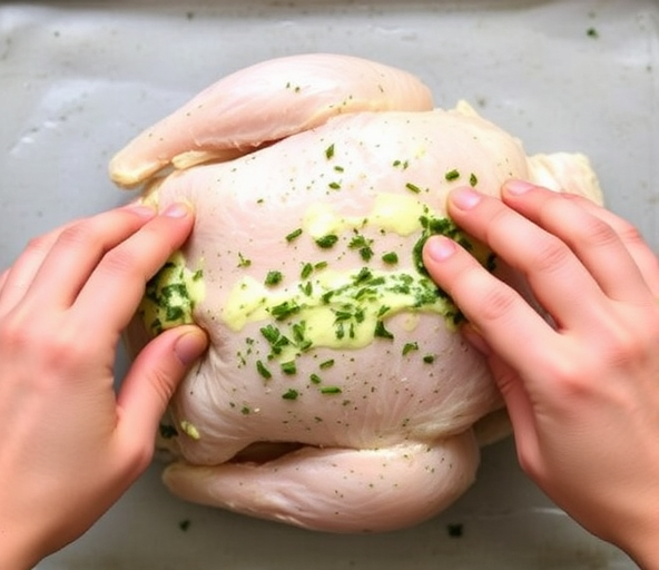 Rub the remaining butter all over the outside of the chicken, coating the skin completely. Rub the remaining butter all over the outside of the chicken, coating the skin completely.