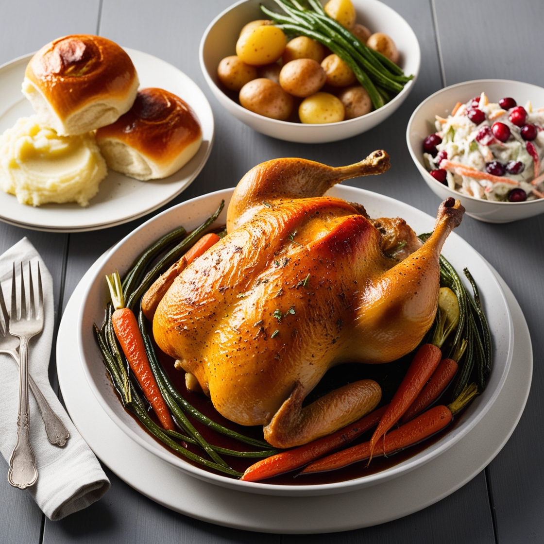 Mashed potatoes or buttery rolls Roasted vegetables (carrots, potatoes, or green beans) A fresh cranberry salad or tangy coleslaw Mashed potatoes or buttery rolls Roasted vegetables (carrots, potatoes, or green beans) A fresh cranberry salad or tangy coleslaw