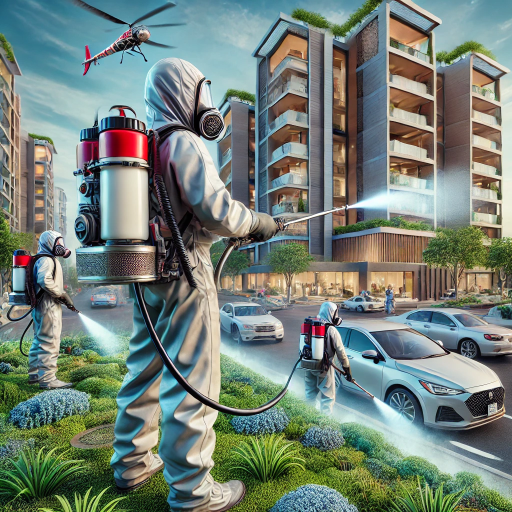 Equipo de fumigación en San Pedro Garza García, aplicando tratamientos en un entorno urbano de alto perfil, con edificios residenciales y comerciales Equipo de fumigación en San Pedro Garza García, aplicando tratamientos en un entorno urbano de alto perfil, con edificios residenciales y comerciales