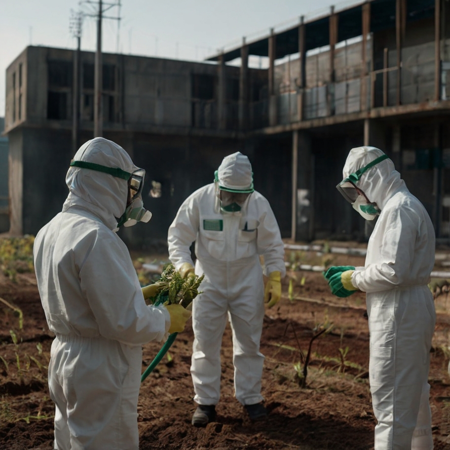 "Personal de fumigación en uniforme protegiendo la salud en el lugar de trabajo." "Personal de fumigación en uniforme protegiendo la salud en el lugar de trabajo."