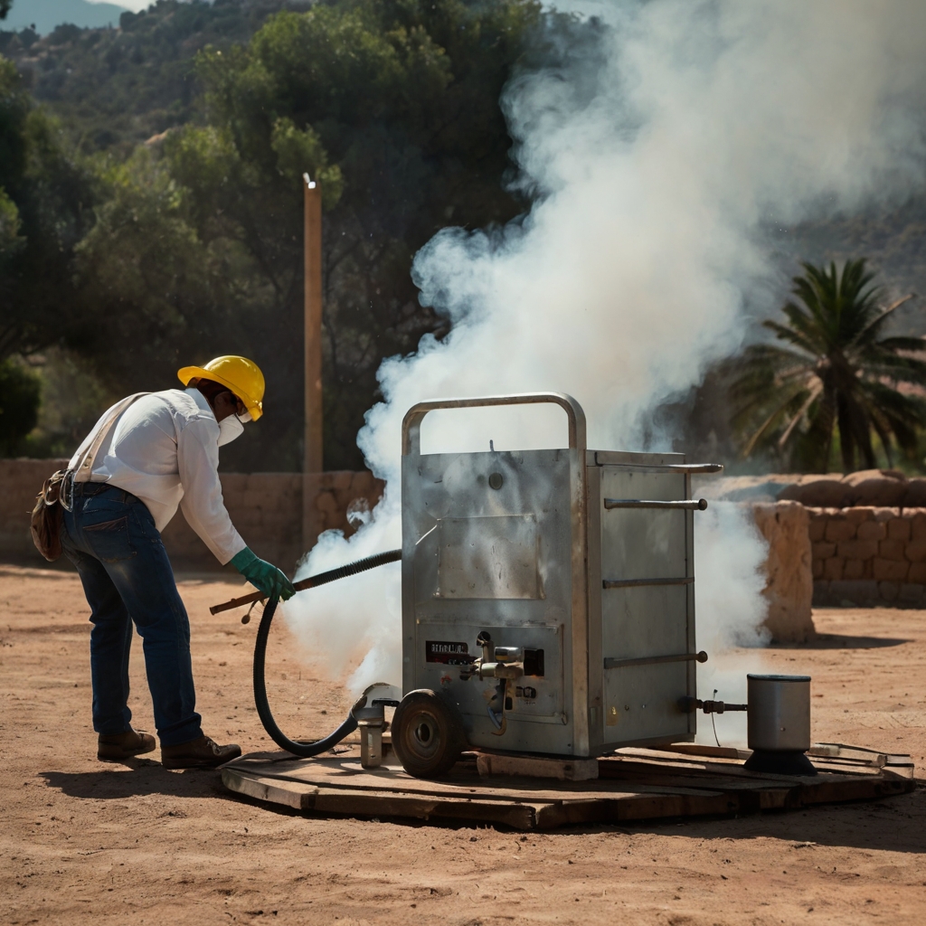Fumigación en jardines públicos para controlar mosquitos, con trabajadores y maquinaria. Fumigación en jardines públicos para controlar mosquitos, con trabajadores y maquinaria.