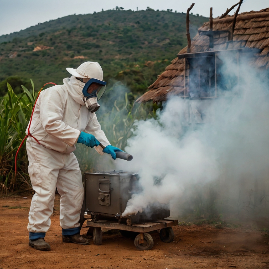 Fumigación para el control de plagas en un evento al aire libre, con equipos y personal en acción. Fumigación para el control de plagas en un evento al aire libre, con equipos y personal en acción.