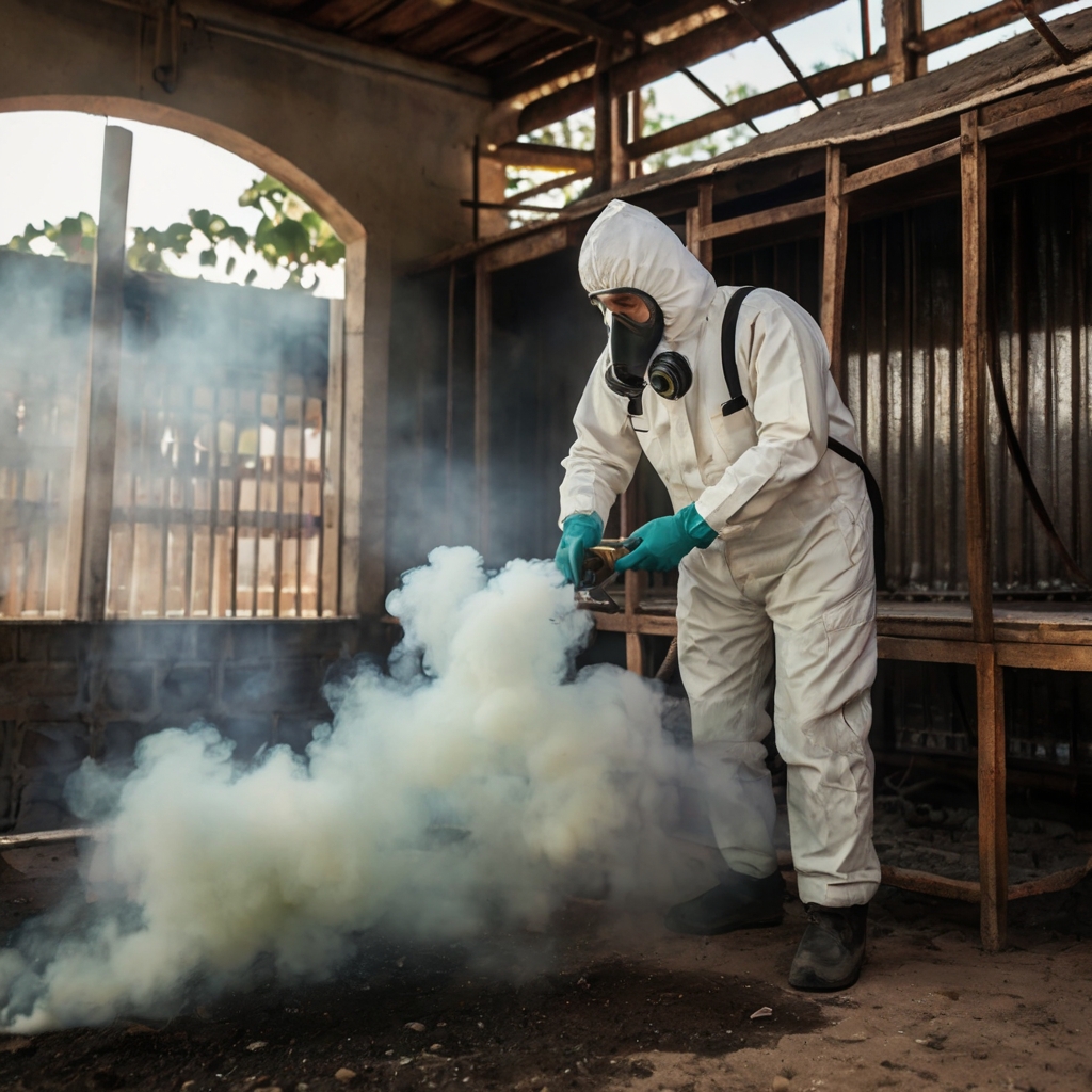 Eliminación de cucarachas en un área comercial, con personal y equipo especializado de fumigación. Eliminación de cucarachas en un área comercial, con personal y equipo especializado de fumigación.