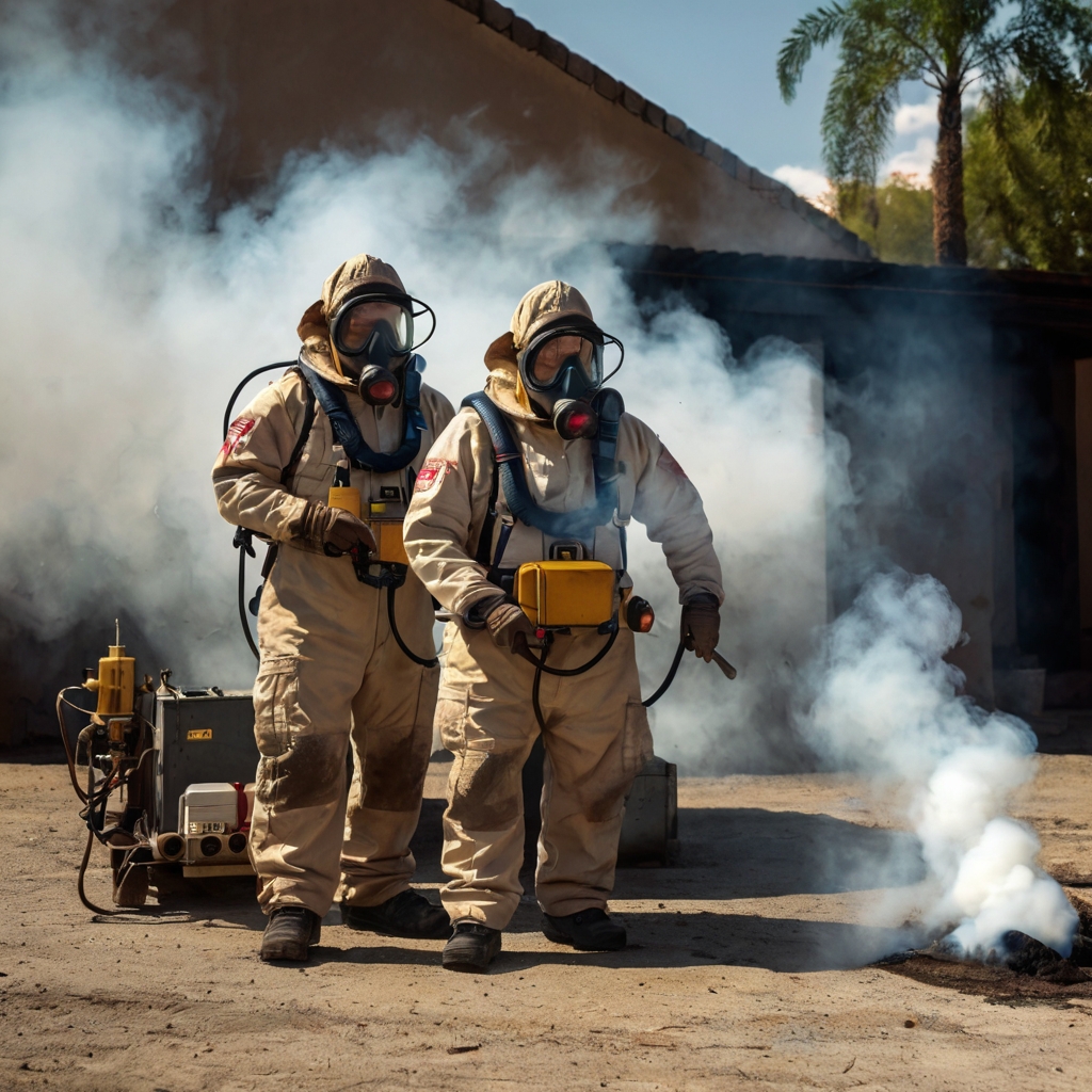 Un parque recreativo en García, CP 66089, con áreas verdes y juegos infantiles, donde un equipo realiza fumigación preventiva para mantener el espacio libre de plagas.