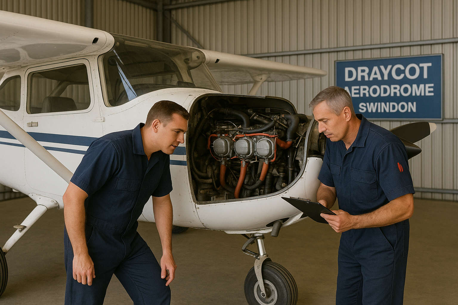 Mechanic referencing SID document with aircraft wing spar exposed Mechanic referencing SID document with aircraft wing spar exposed
