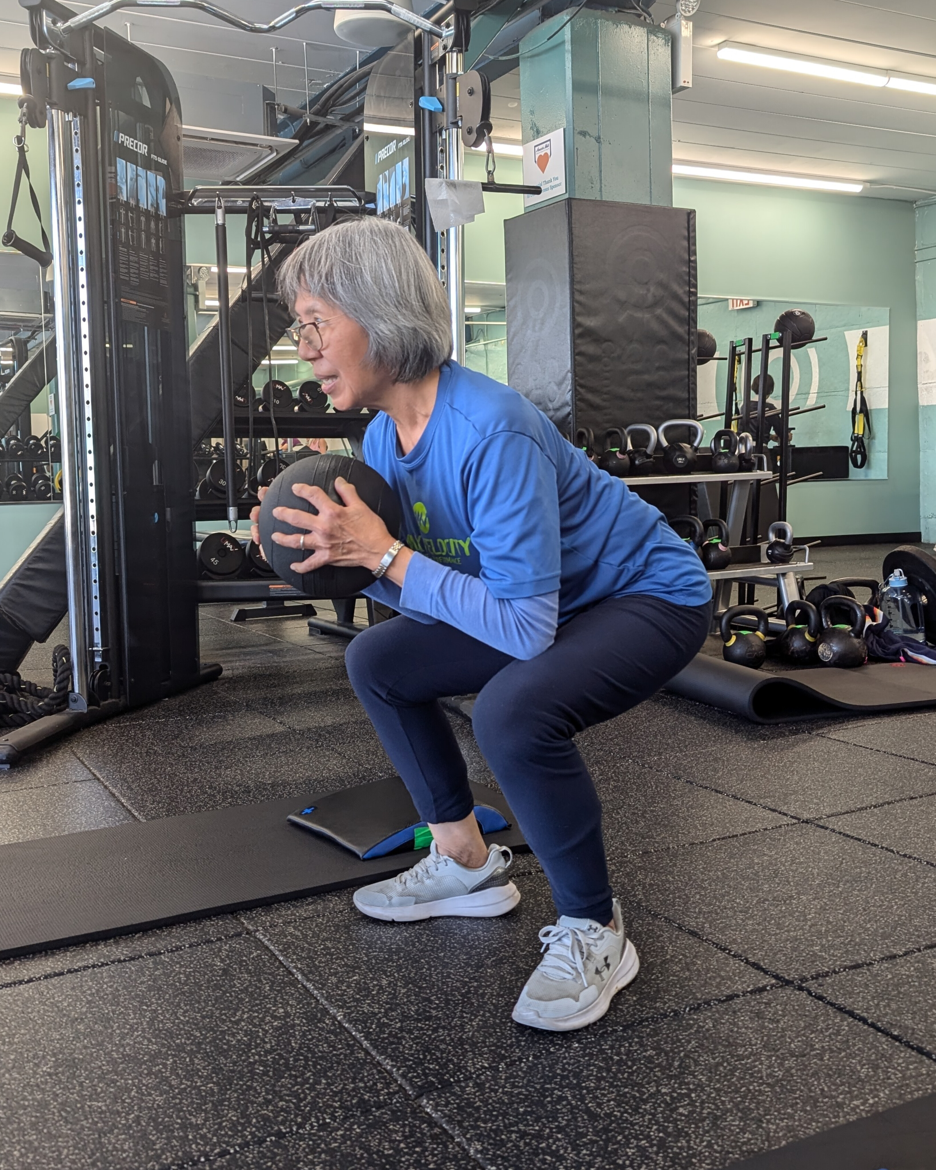 Mary has worked hard on her squat form, and it's paying off. No more knee pain!
