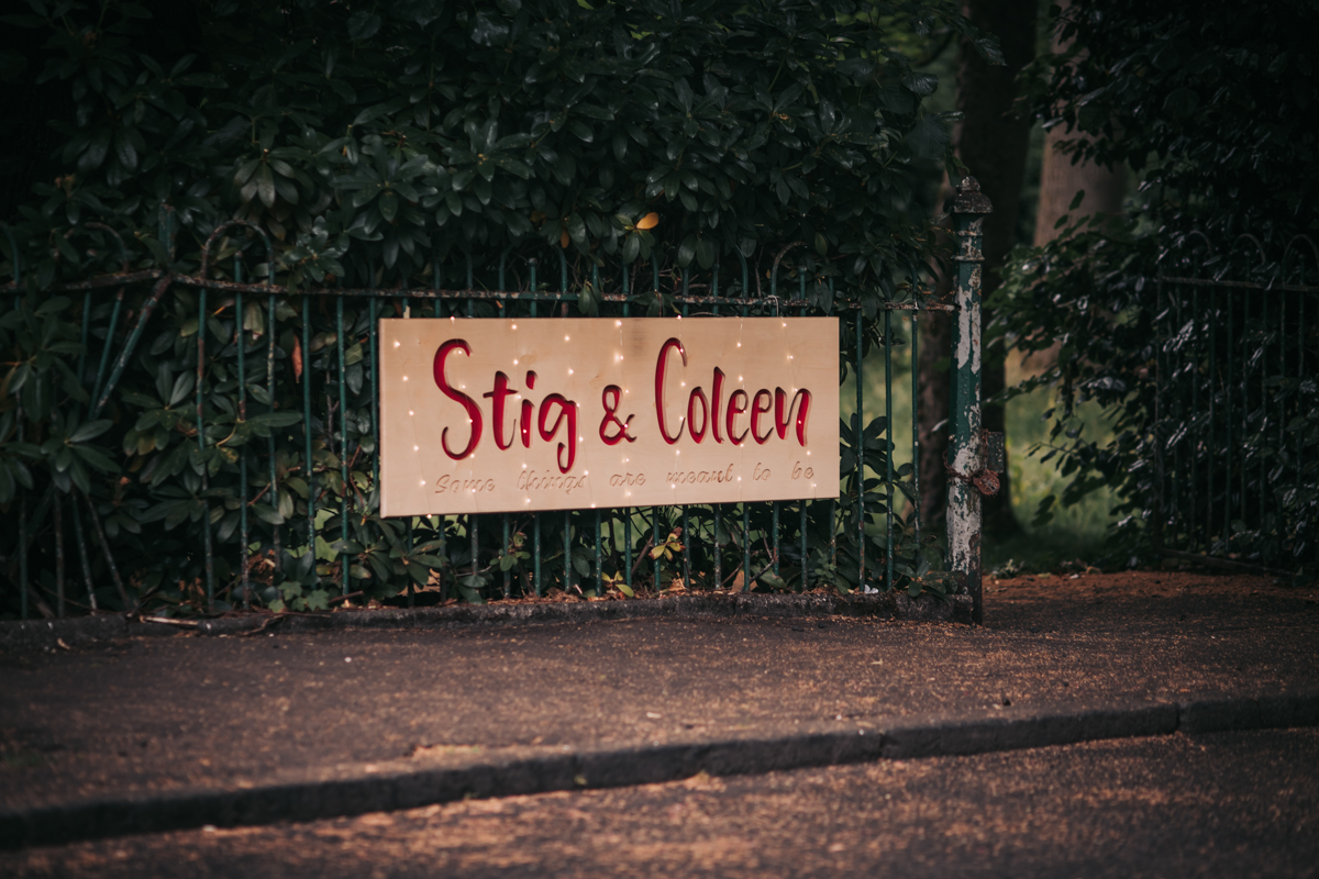 Sign custom made by groom which reads "Stig & Coleen" mounted outside Pollokshields Burgh Hall, Glasgow. Sign custom made by groom which reads "Stig & Coleen" mounted outside Pollokshields Burgh Hall, Glasgow.