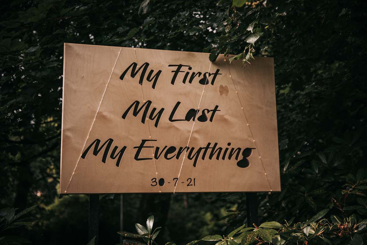 Sign custom made by groom which reads "My First, My Last, My Everything" mounted outside Pollokshields Burgh Hall, Glasgow. Sign custom made by groom which reads "My First, My Last, My Everything" mounted outside Pollokshields Burgh Hall, Glasgow.