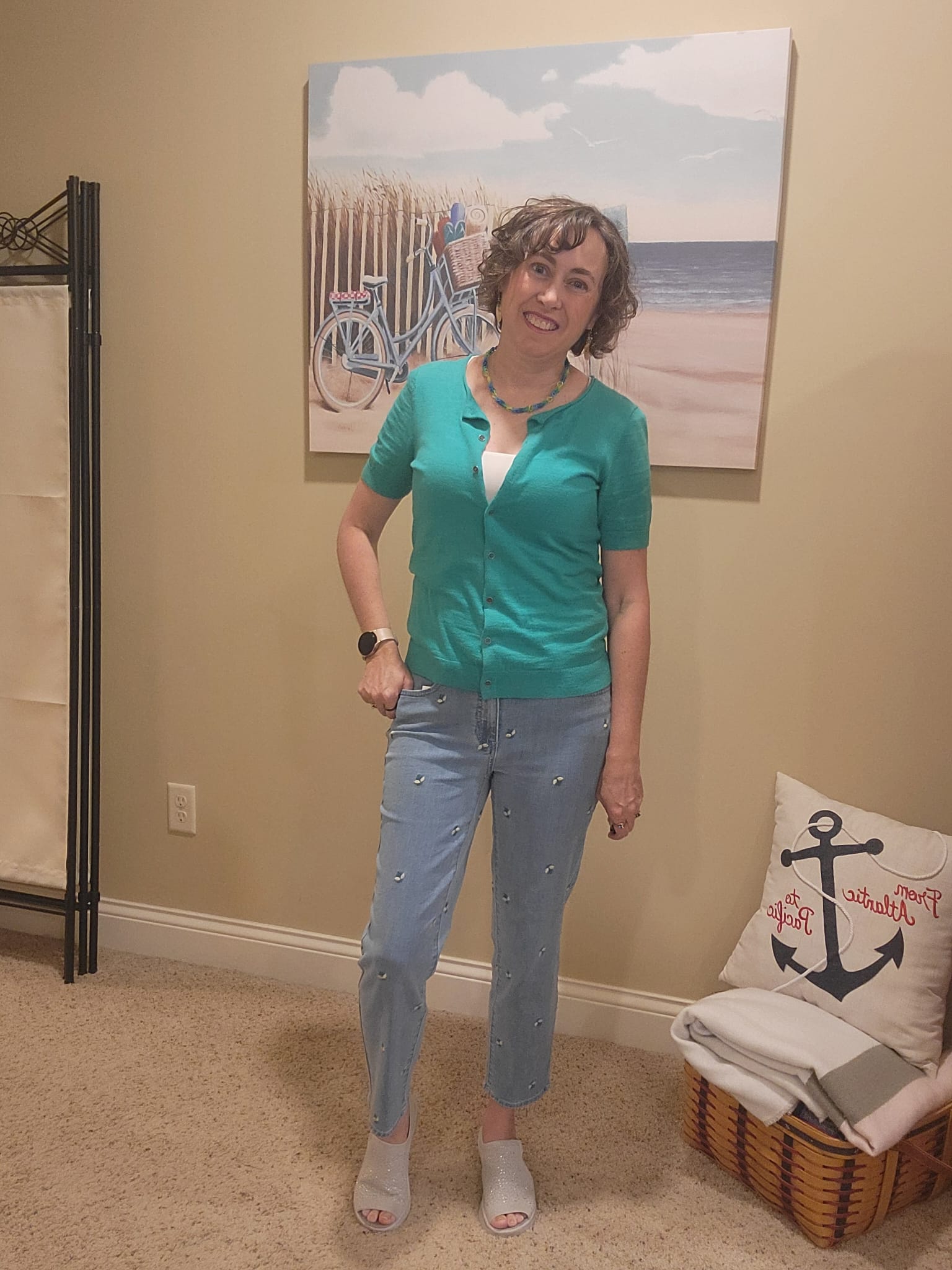 “Jenn Whitacre wearing a green Loft short sleeve cardigan, white WHBM cami, and Talbots lemon-embroidered cropped jeans — styled for a fresh summer look”
