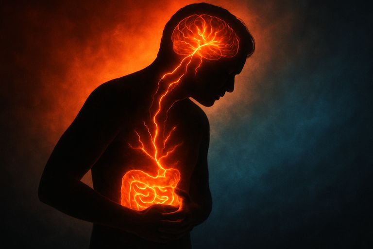 Silhouette showing stress signals moving from gut to brain, symbolizing the impact of stress on gut health. Silhouette showing stress signals moving from gut to brain, symbolizing the impact of stress on gut health.