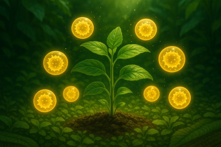 Artistic garden scene symbolizing the gut-immune system, with protective glowing orbs around thriving plants. Artistic garden scene symbolizing the gut-immune system, with protective glowing orbs around thriving plants.