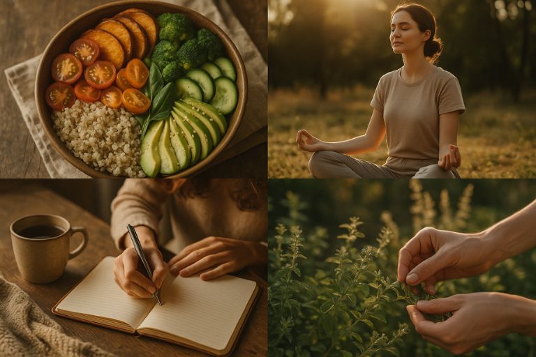 Collage of wellness practices including whole foods, meditation, journaling, and herb harvesting for gut health. Collage of wellness practices including whole foods, meditation, journaling, and herb harvesting for gut health.