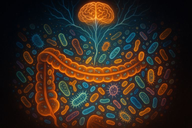 Colorful microbiome illustration showing bacteria and neural signals connecting gut and brain. Colorful microbiome illustration showing bacteria and neural signals connecting gut and brain.