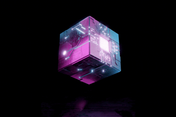 An image featuring QJCG Chatbots Tri-J on the left and Q-Jay on the right, with a rotating cube transforming between them, symbolizing dynamic and innovative AI solutions.