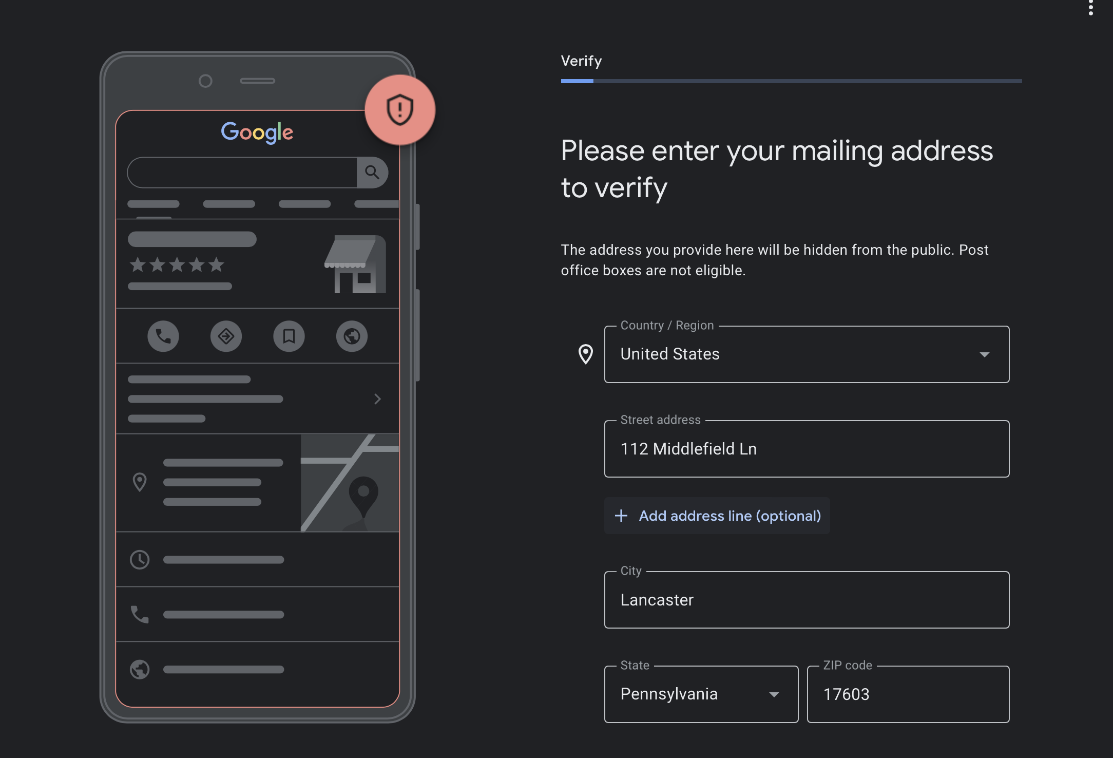 enter your mailing address for your Google verification code