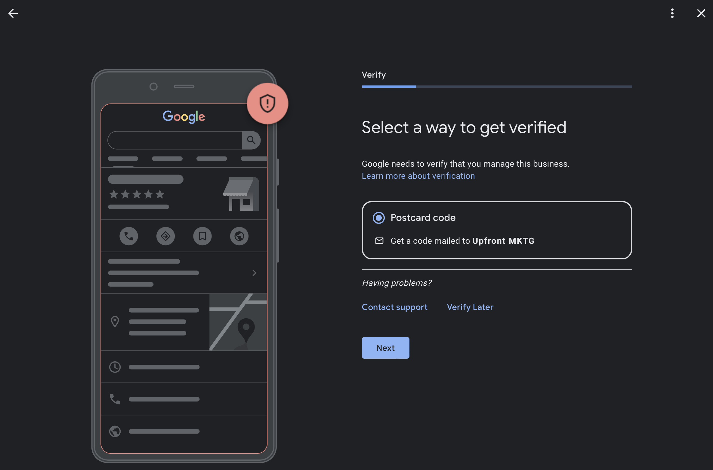 select a way to get verified for google business