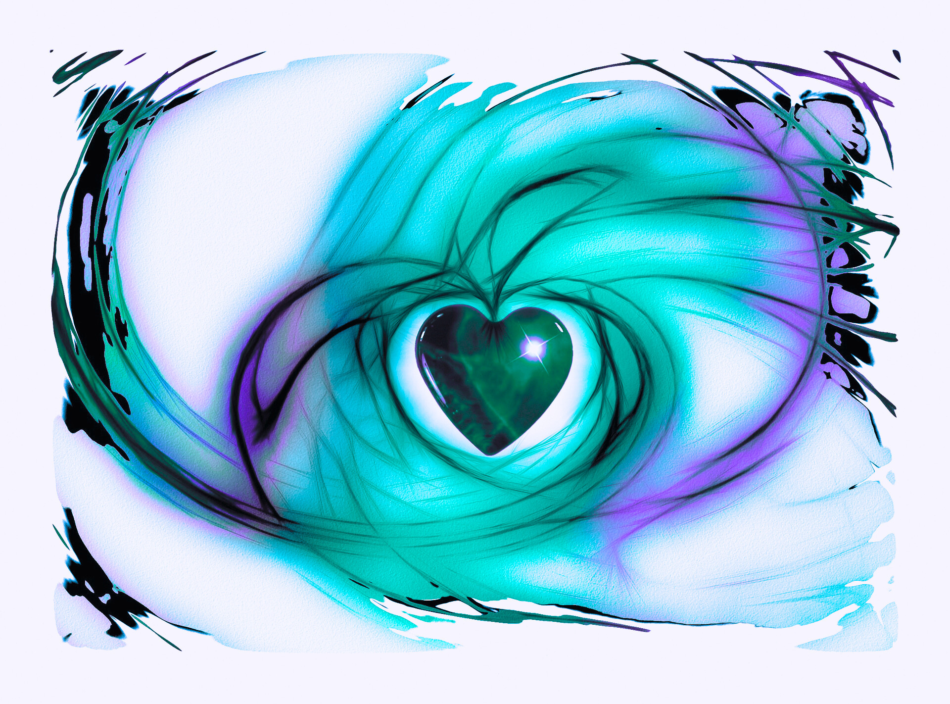 impressionist digital image in greens and purples of a heart and swirls of color