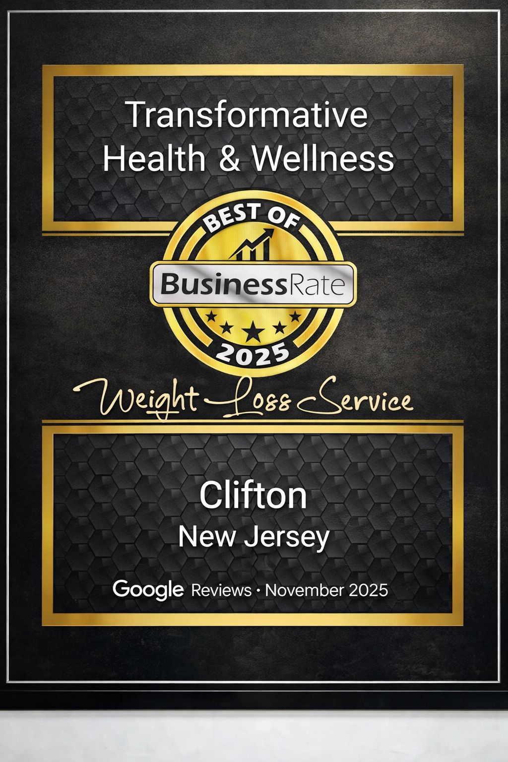 Best of BusinessRate 2025 Award Plaque - Weight Loss Service - Clifton, New Jersey