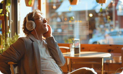 An author listens to his audiobook in a cafe An author listens to his audiobook in a cafe