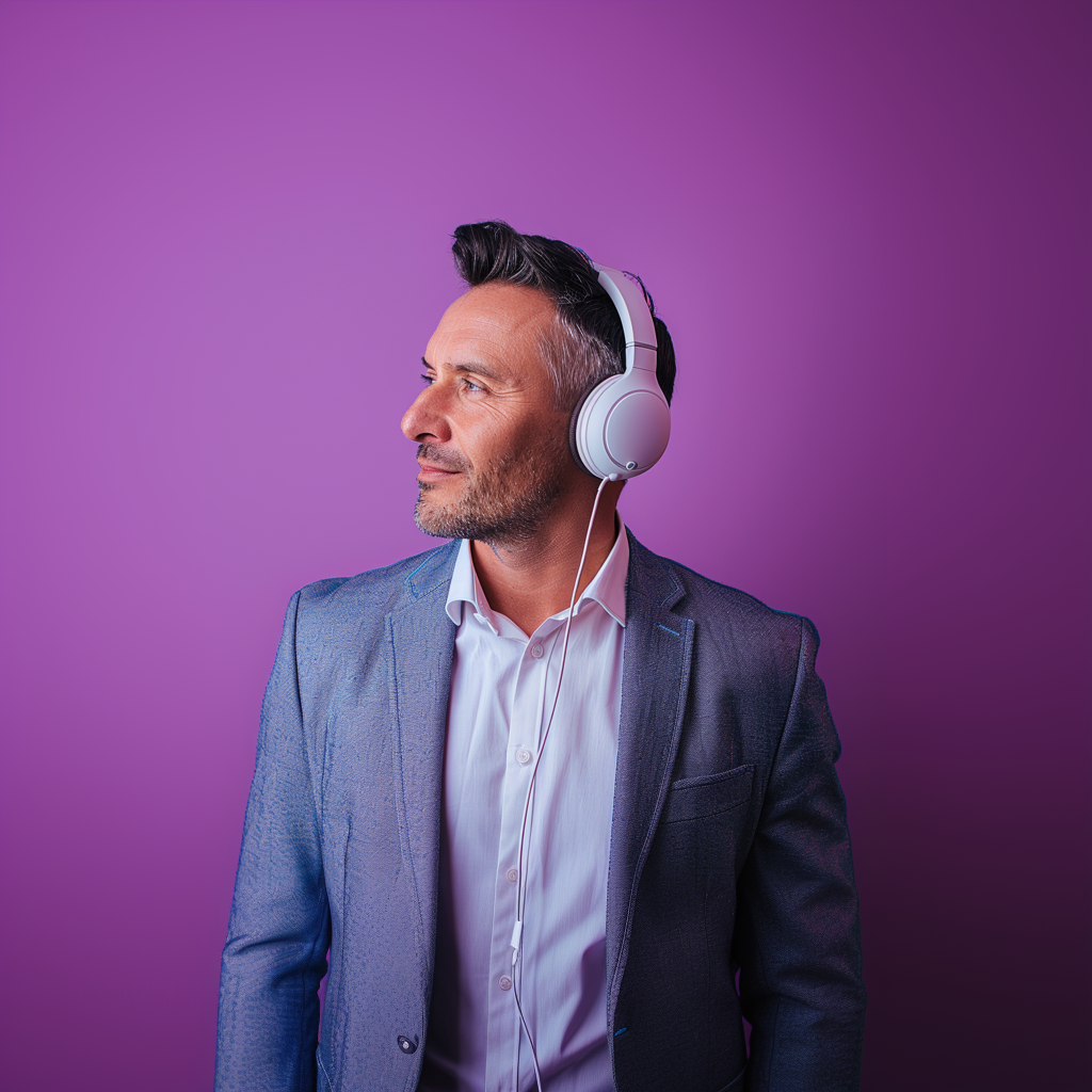 An author listening to his audiobook on a purple background An author listening to his audiobook on a purple background
