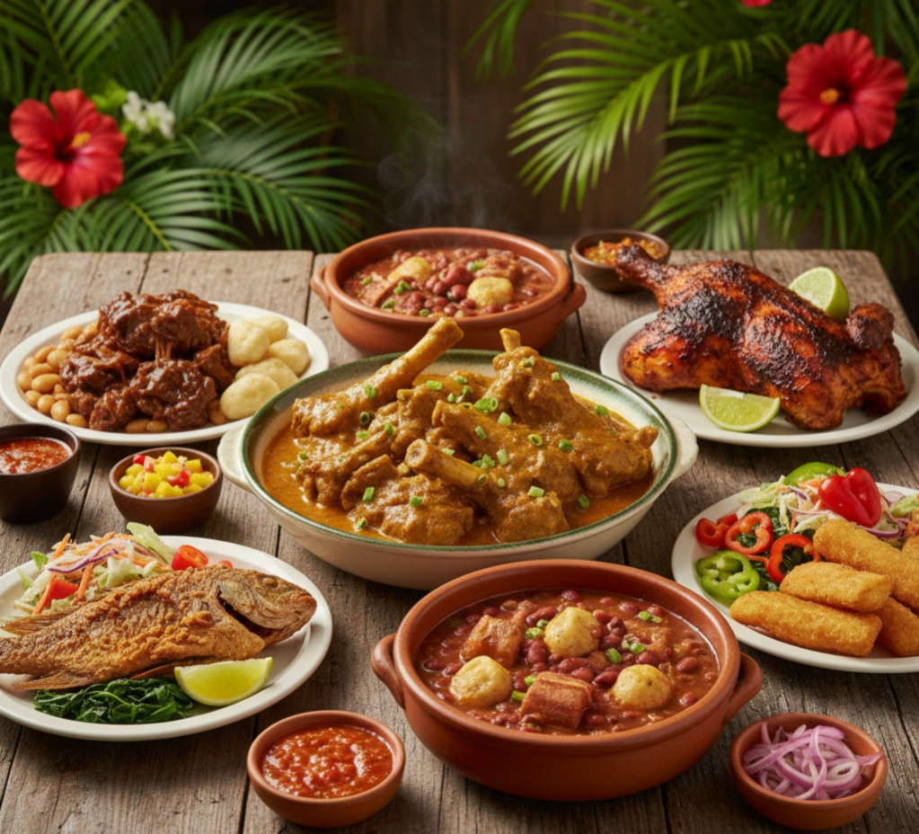 A wooden table filled with classic Jamaican dishes, including curry goat, oxtail, jerk chicken, stew peas with dumplings, and whole fried fish, all arranged in bowls and plates with vibrant colors and rich textures.
