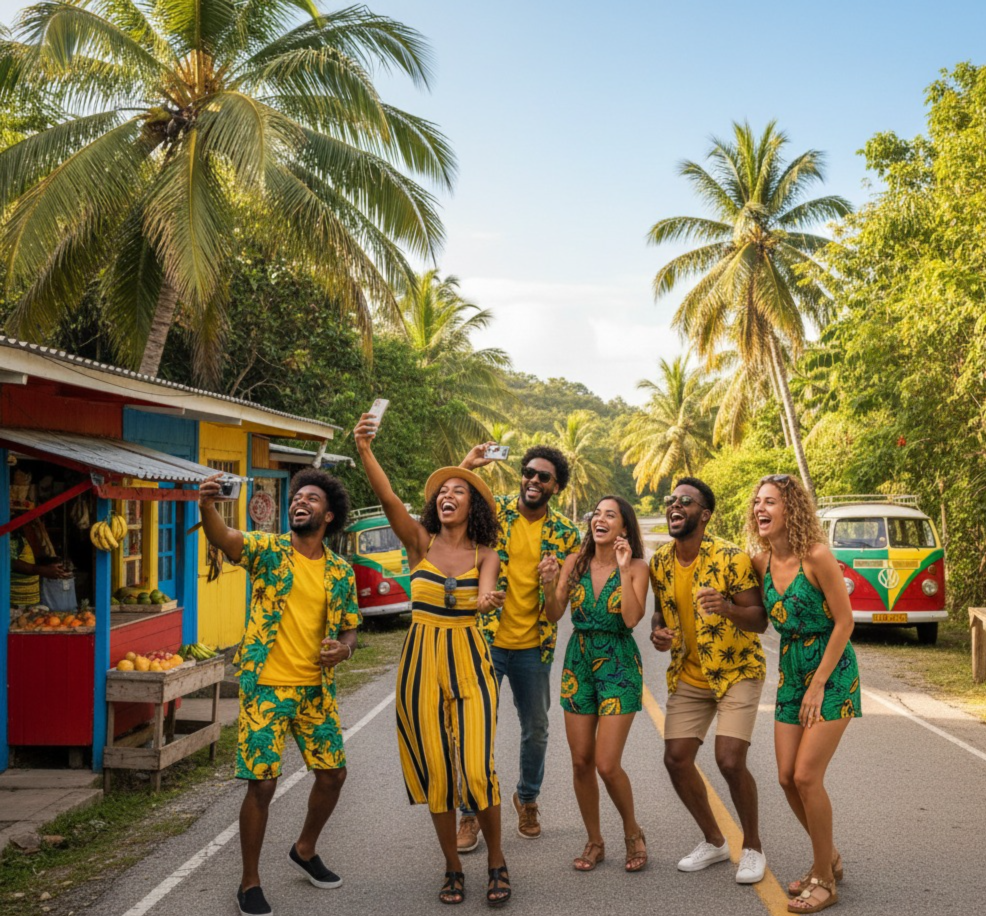 A happy group of friends walking along a tropical road in Jamaica, dressed in bright Jamaican-inspired outfits, laughing and taking photos as they explore the lush surroundings.