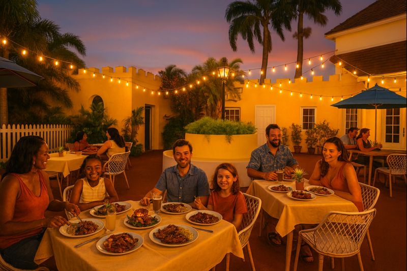 A cozy Jamaican courtyard restaurant at sunset with families enjoying dinner under warm string lights.