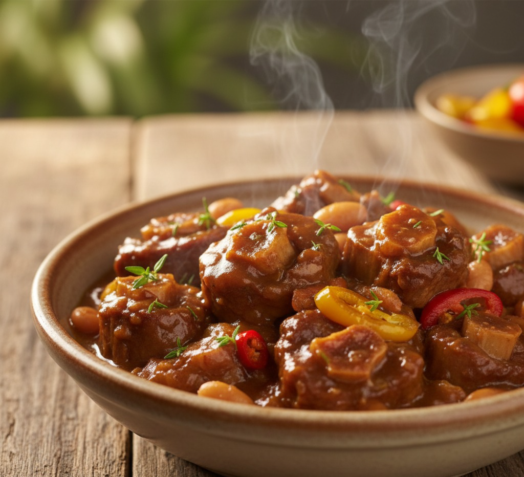 A close-up bowl of Jamaican oxtail in rich brown gravy, with tender meat, fresh herbs, scotch bonnet slices, and creamy butter beans, steaming and glistening on a rustic wooden table.