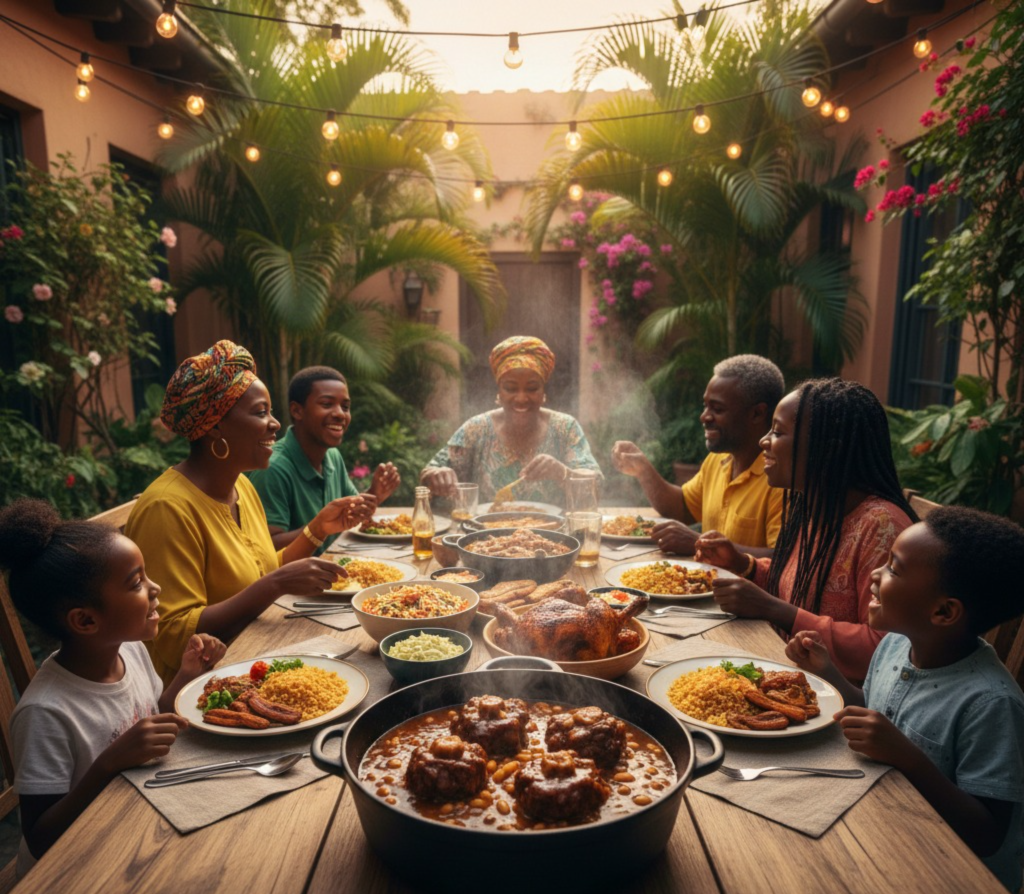 A Jamaican family gathered around a table sharing a large pot of oxtail and other traditional dishes, smiling and enjoying a warm, celebratory meal together.