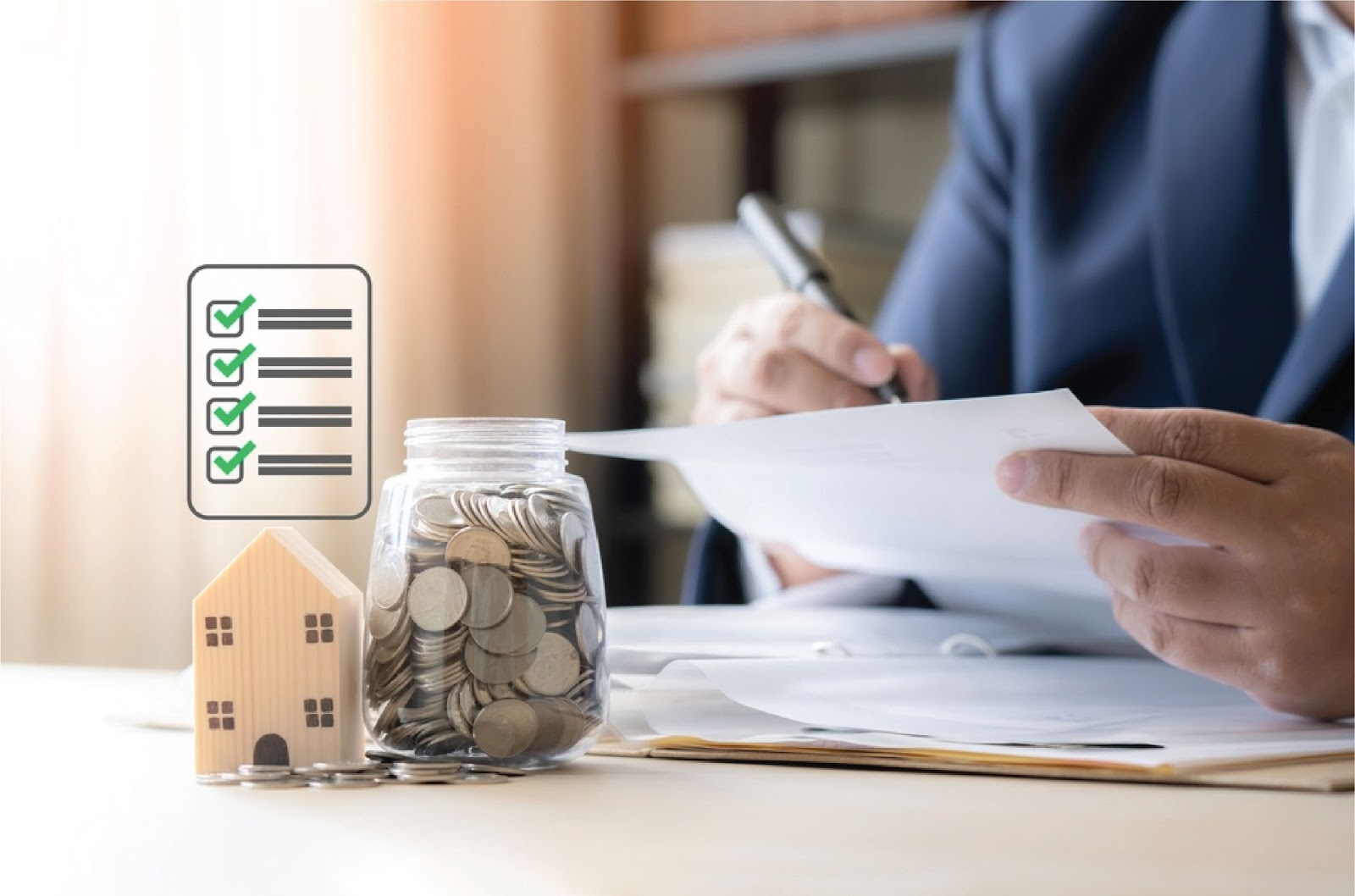 A business person signs documents with a checklist and money jar, showing how to Qualify for owner financing through KBR Investing. A business person signs documents with a checklist and money jar, showing how to Qualify for owner financing through KBR Investing.