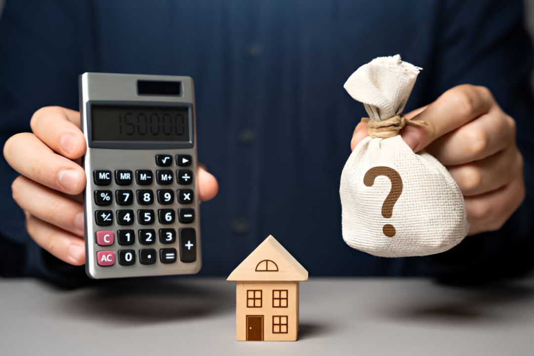 A man holding a calculator and a money bag with a question mark, with a house model in front, representing KBR Investing and the Owner financing benefits. A man holding a calculator and a money bag with a question mark, with a house model in front, representing KBR Investing and the Owner financing benefits.