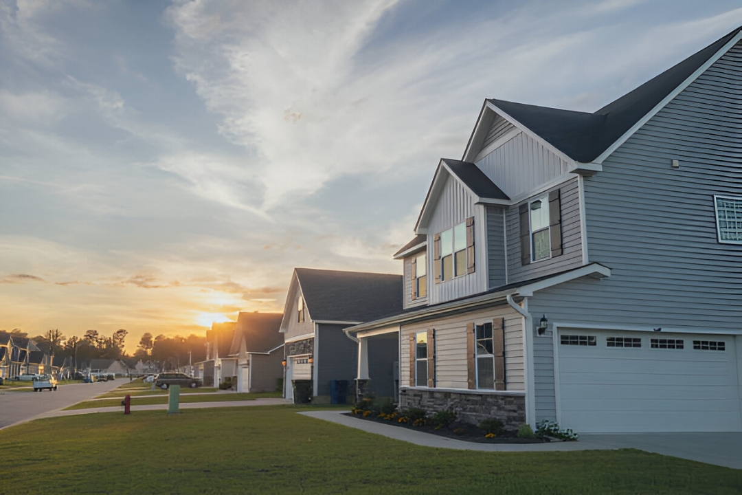  A picturesque street of houses at sunset, symbolizing opportunities for Owner financing for first-time homebuyers through KBR Investing.