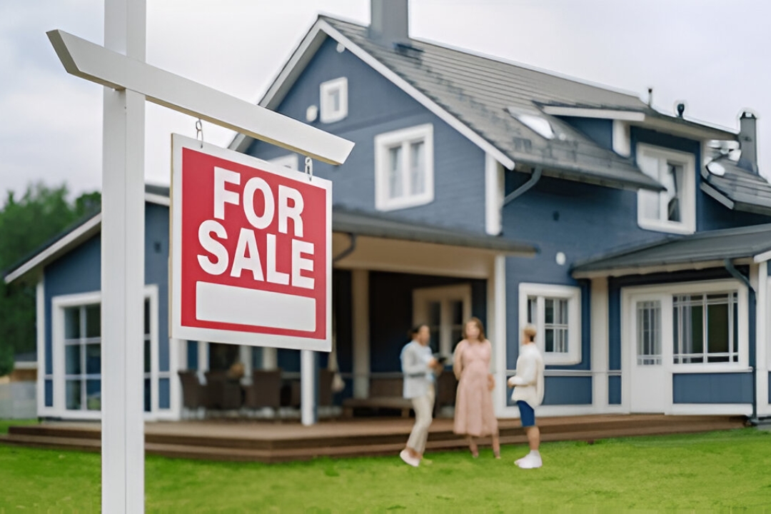 A "For Sale" sign stands in front of a blue house, with people in the background, offering No bank mortgage alternatives from KBR Investing. A "For Sale" sign stands in front of a blue house, with people in the background, offering No bank mortgage alternatives from KBR Investing.